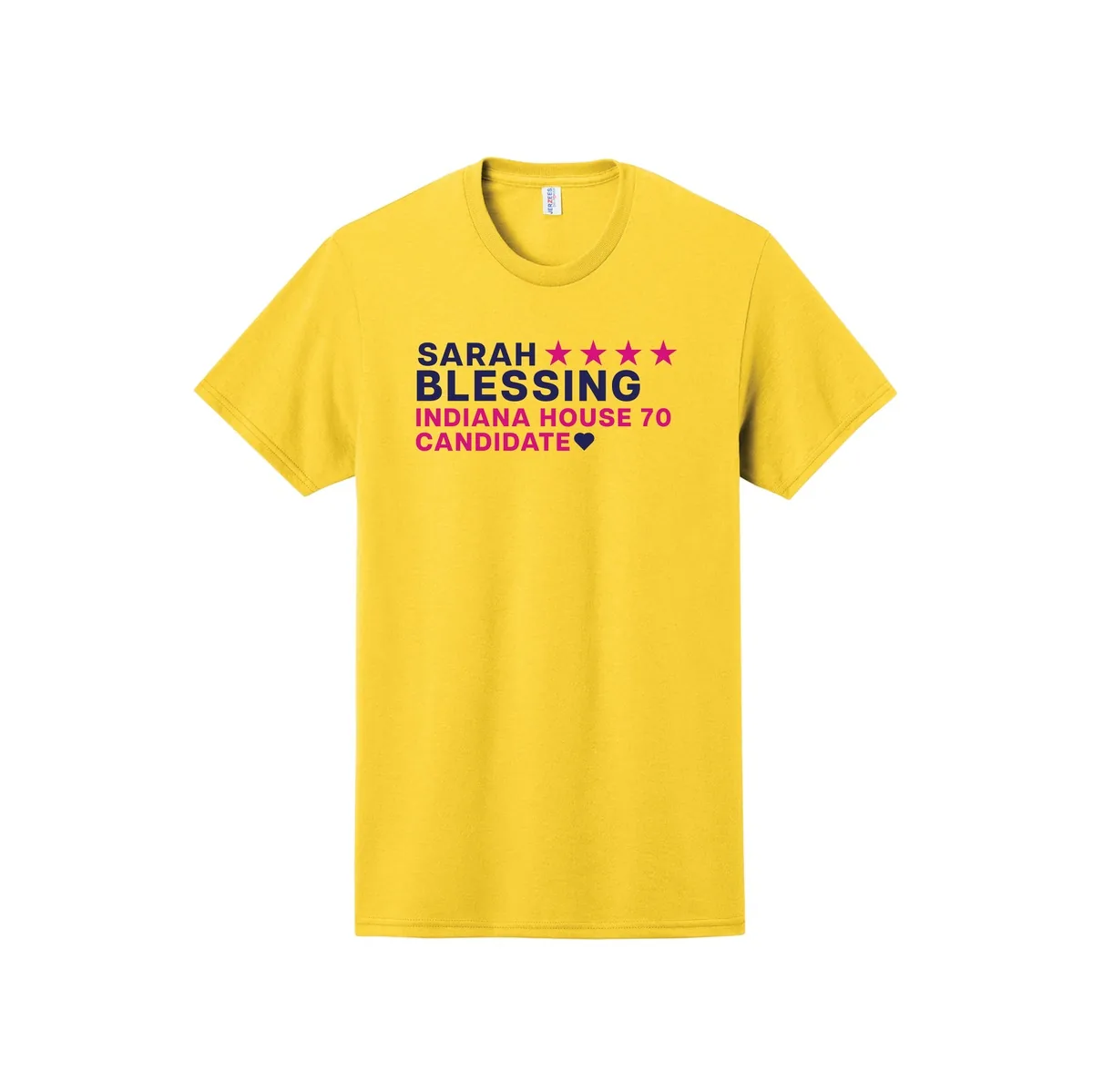 Sarah Blessing Indiana House 70 campaign t-shirt, yellow with navy and pink lettering