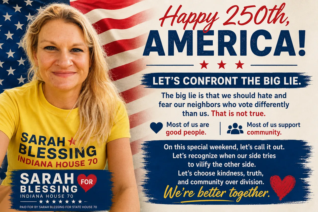Happy 250th, America! Sarah Blessing in a campaign shirt in front of an American flag, beside the message: let's confront the big lie that we should hate and fear our neighbors who vote differently than us. We're better together.